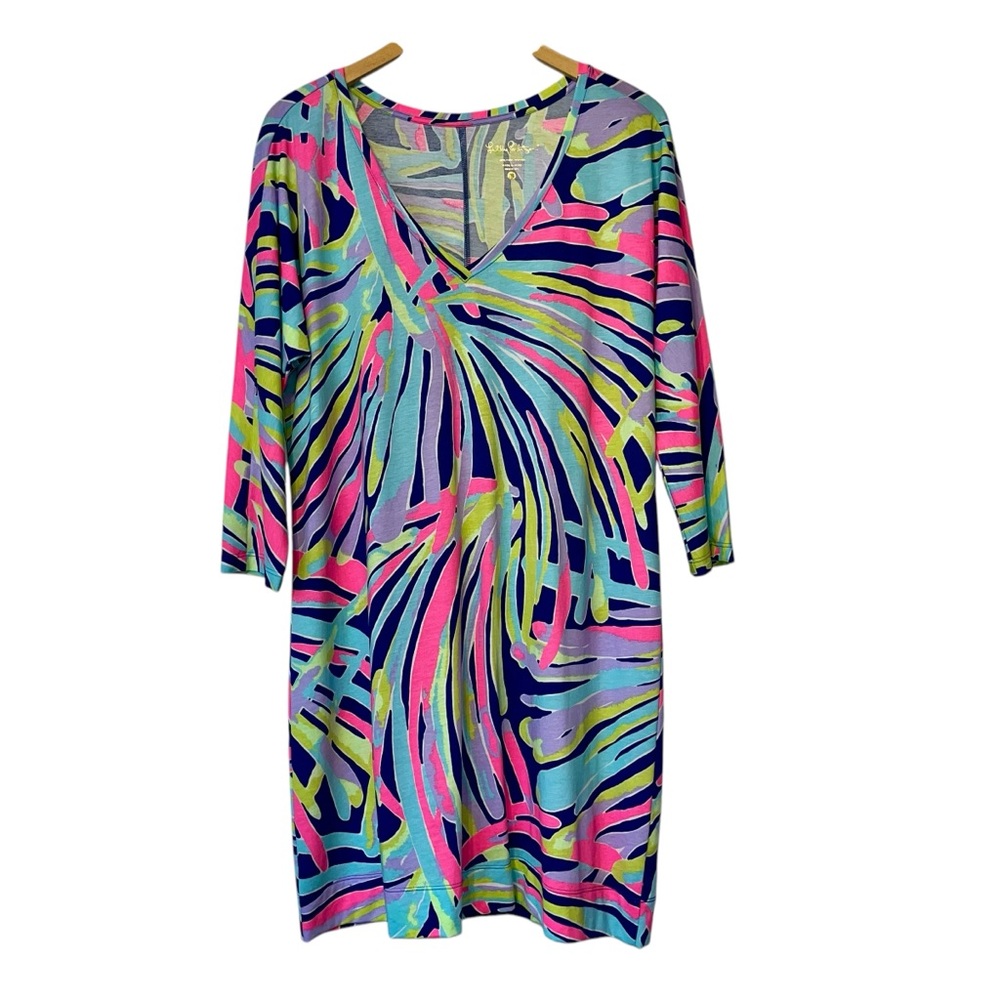 Lily Pulitzer Indigo Sea Dreamin Cori Dress Sz MD V‎ Neck 3/4 Sleeve Pima Cotton